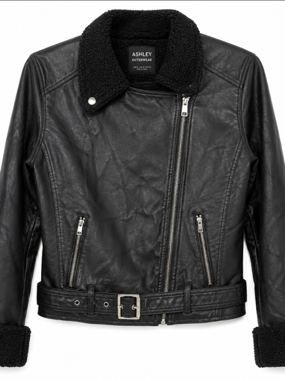 Ashley Outerwear Black Faux Leather Sherpa Moto Jacket